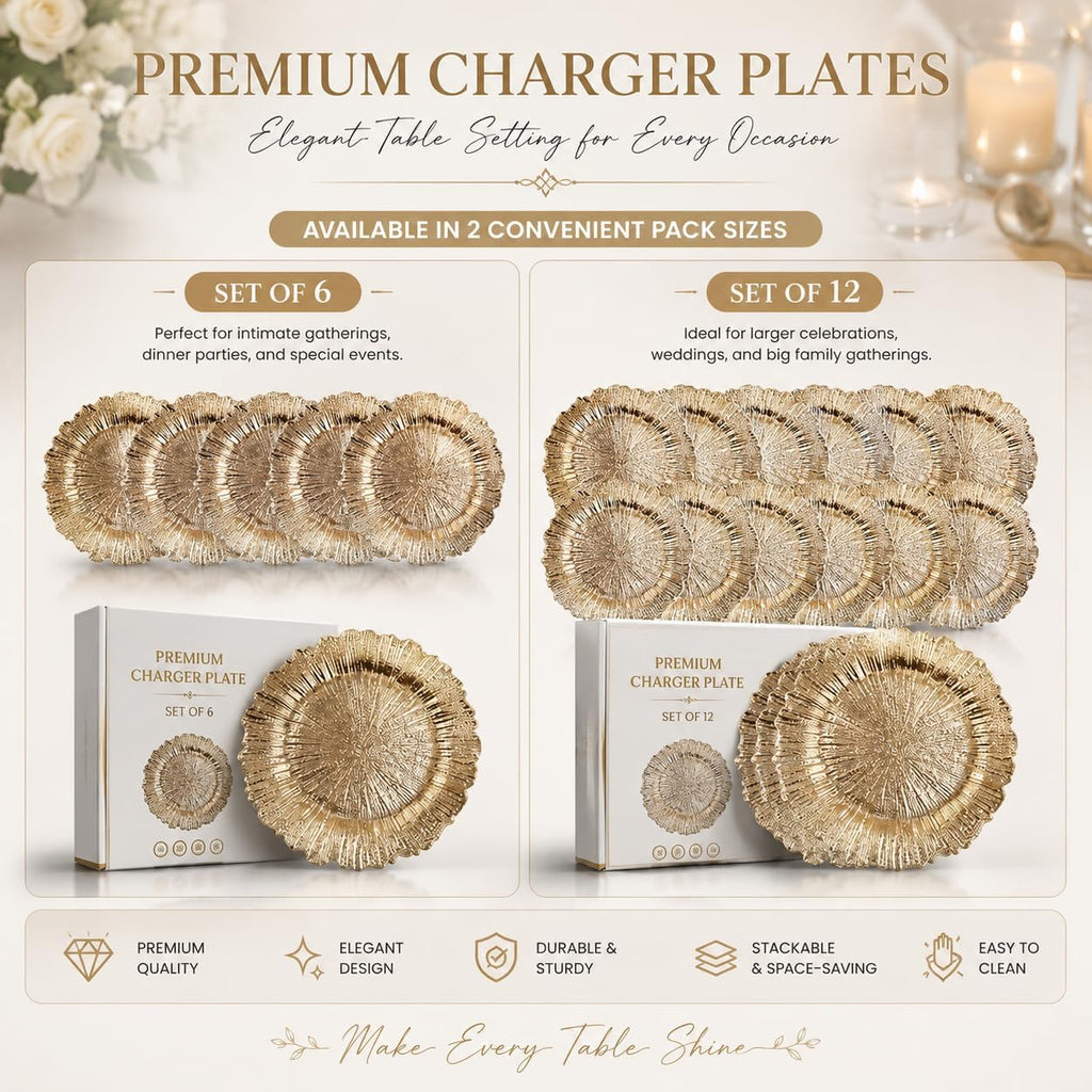 Gold Charger Plates, 13" Round Reef Design, Decorative Plastic Charger Plates for Wedding, Party & Table - Set of 12