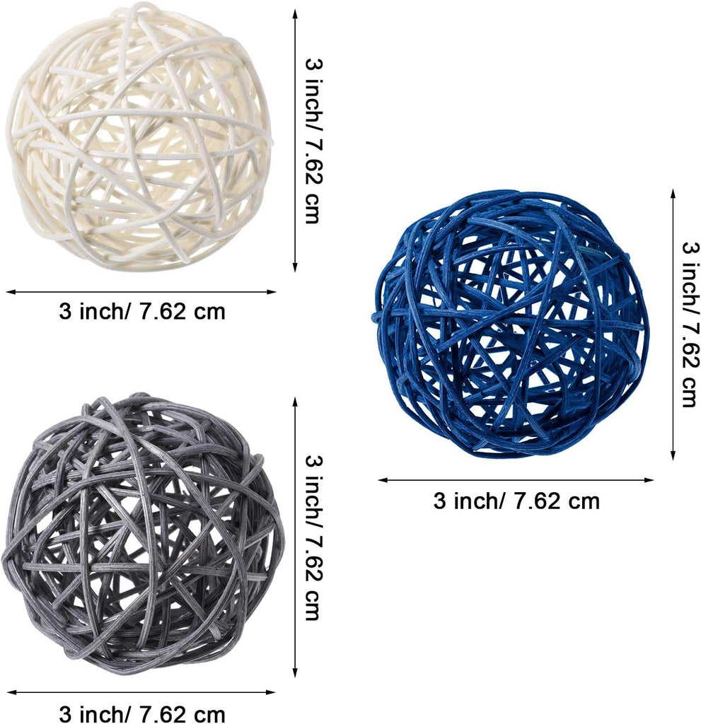 Wicker Rattan Decorative Balls Vase Filler, Blue Gray White - Set of 6