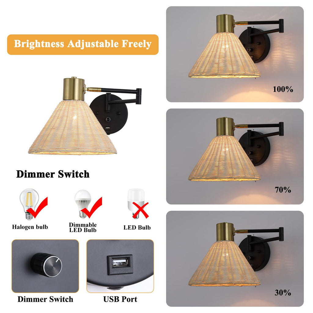 Plug in Rattan Wall Sconce Swing Arm Wall Lamp, Black