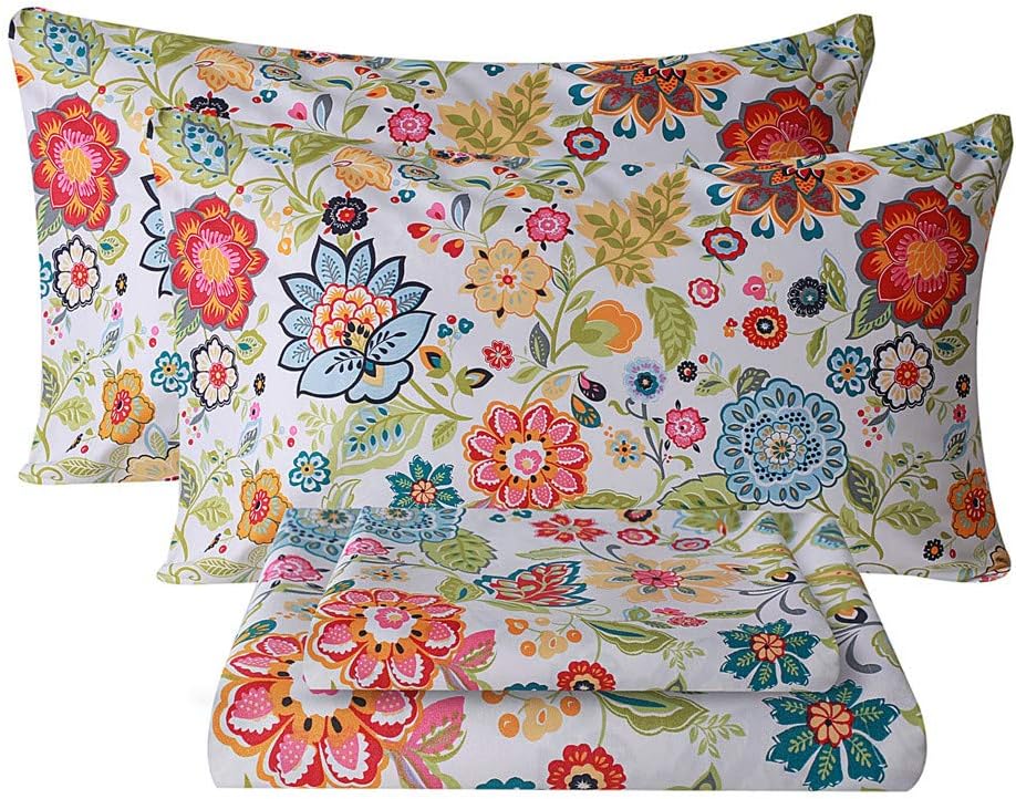Queen Sheet Set Ultra Soft Breathable Silky Flower Bed Sheets Deep Pocket 100% Microfiber Bedding Sheets 4 Piece