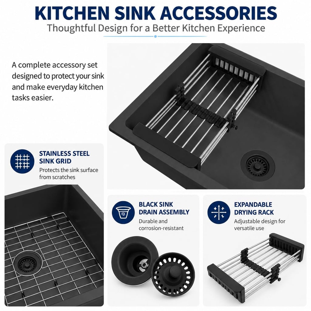 Black Kitchen Sink, 30 Inch Granite Composite Undermount Single Bowl Sink