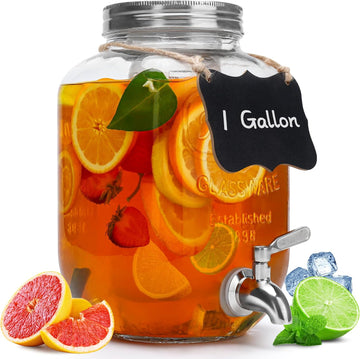1 Gallon with Lid, Stainless Steel Spigot, for Parties, Lemonade Dispenser With Ice Cylinder for Weddings, Party,Sun