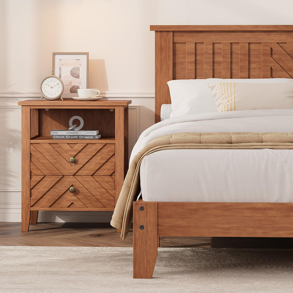 Rustic Wooden Platform Bed Frame with Headboard, Mattress Foundation with Wooden Slat Support, No Box
