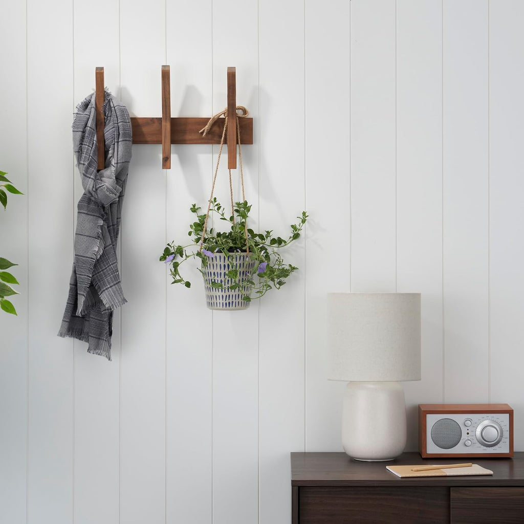 24-Inch Mid Century Coat Rack with 5 Wooden Hooks, Farmhouse Style Hookrail , and More, Solid Wood, 9.5" H x 24" W x