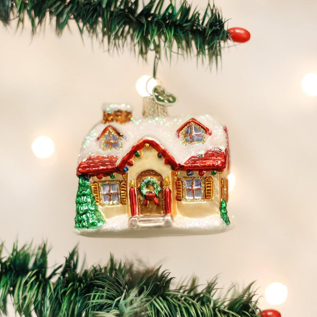 Holiday Home Glass Blown Ornament for Christmas Tree, Handcrafted Holiday Decoration, Cottage Collection