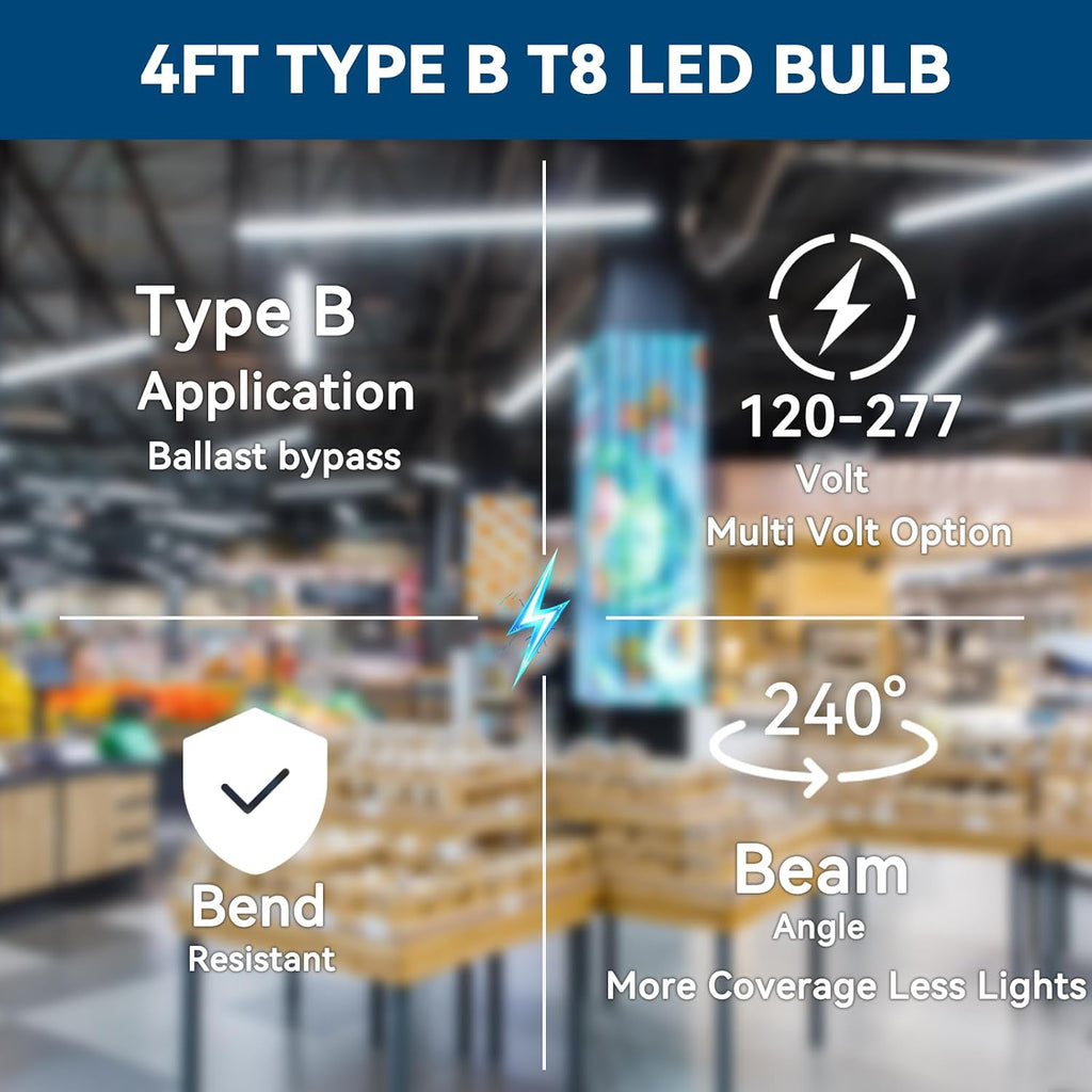 T8 LED Bulbs 4FT 12W 5000K, Type B Ballast Bypass, 2200LM, ETL