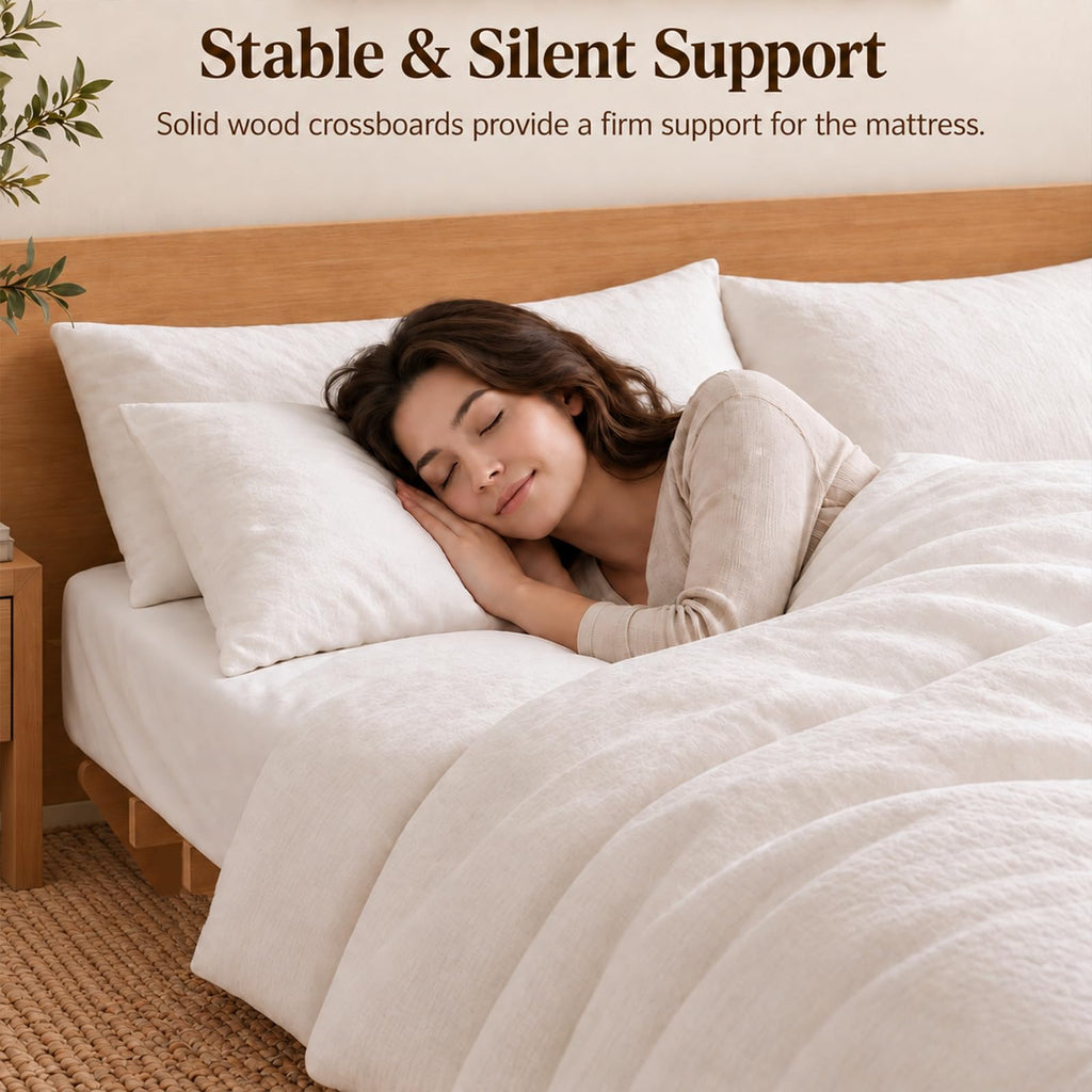 Queen Japanese Bed Frame with Storage, Wood Platform Bed Frame