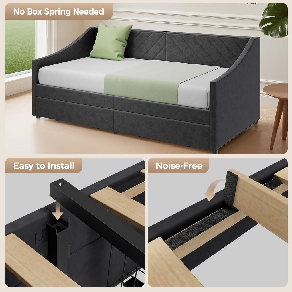 Twin Size Daybed with 2 Storage Drawers, Upholstered Daybed Frame with Charging Station, Heavy Duty Sofa Bed, No Box