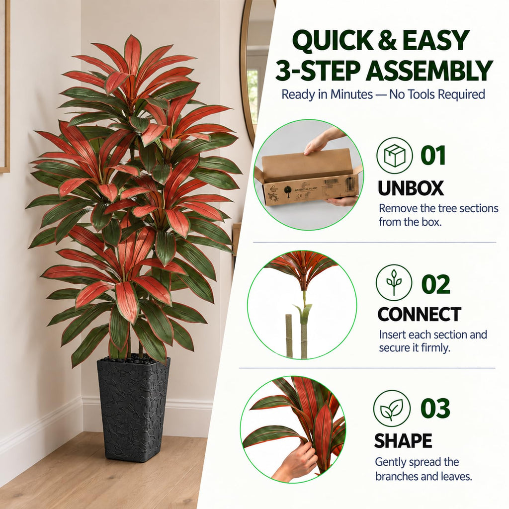 Artificial Red Dracaena Tree 6FT - Fake Tree with Black Tall Planter