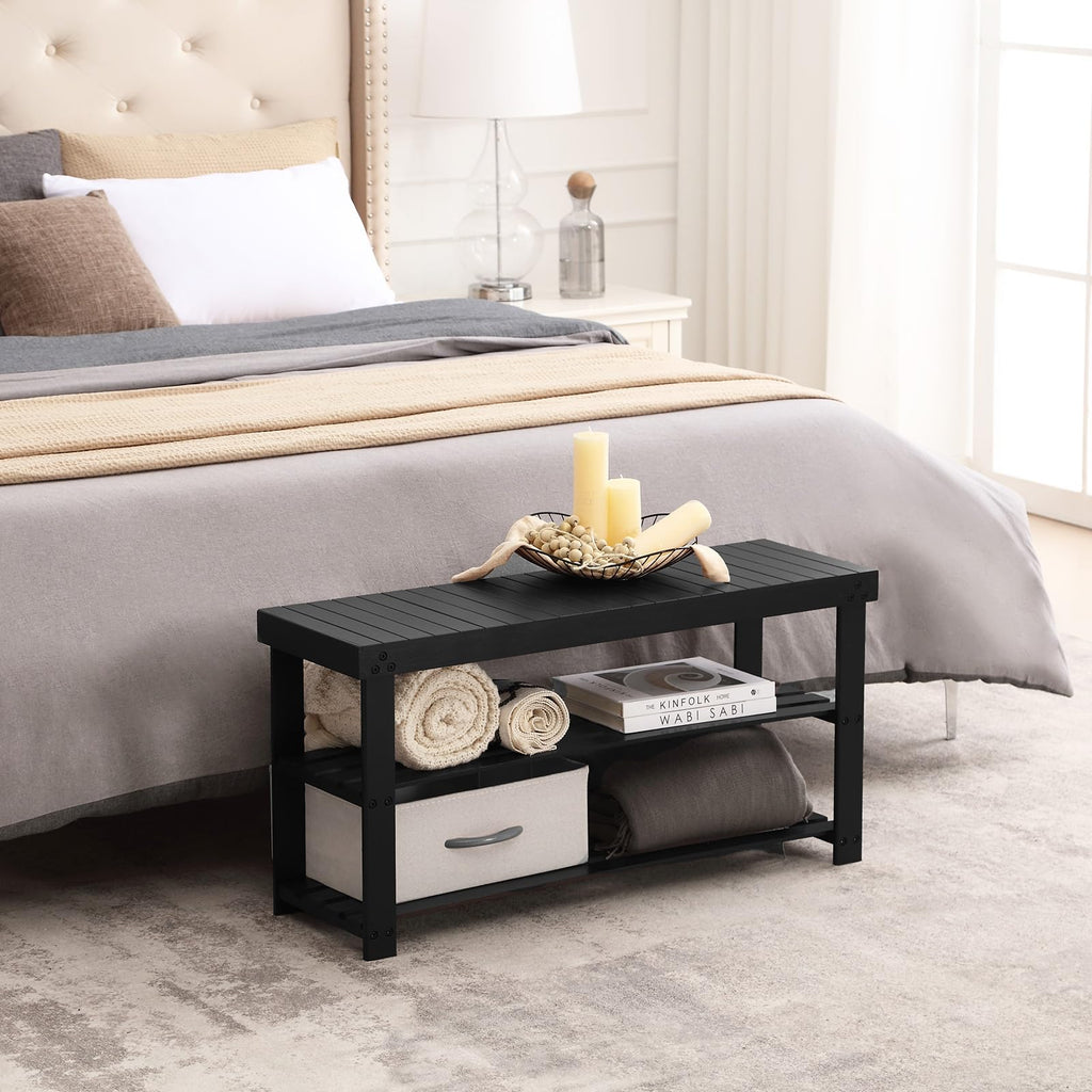 Bamboo Shoe Rack Bench, 3-Tier Shoe Storage Organizer, Black