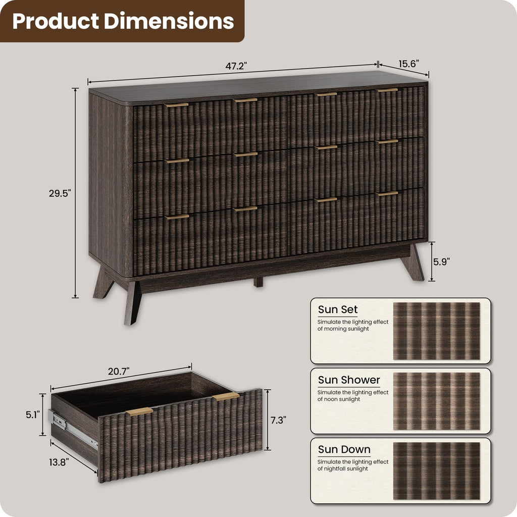 47" Wide Fluted 6 Drawers Dresser, Curved Edge, Walnut