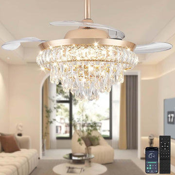 36" Crystal Ceiling Fan with Light, Retractable Blades Fandelier