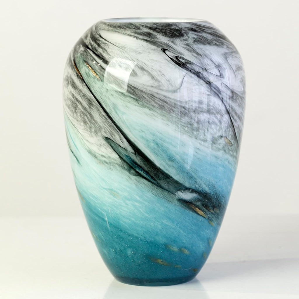 11" H Teal Glass Vases for Flowers, Unique Hand Blown Glass Vase Blue Home Decor, Wide Mouth Colorful Flower Vase