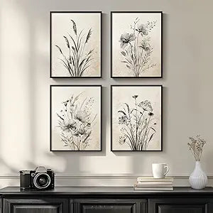 Framed Vintage Rustic Farmhouse Botanical Floral Wall Art, 4 Piece 11x14 In - Set of 4