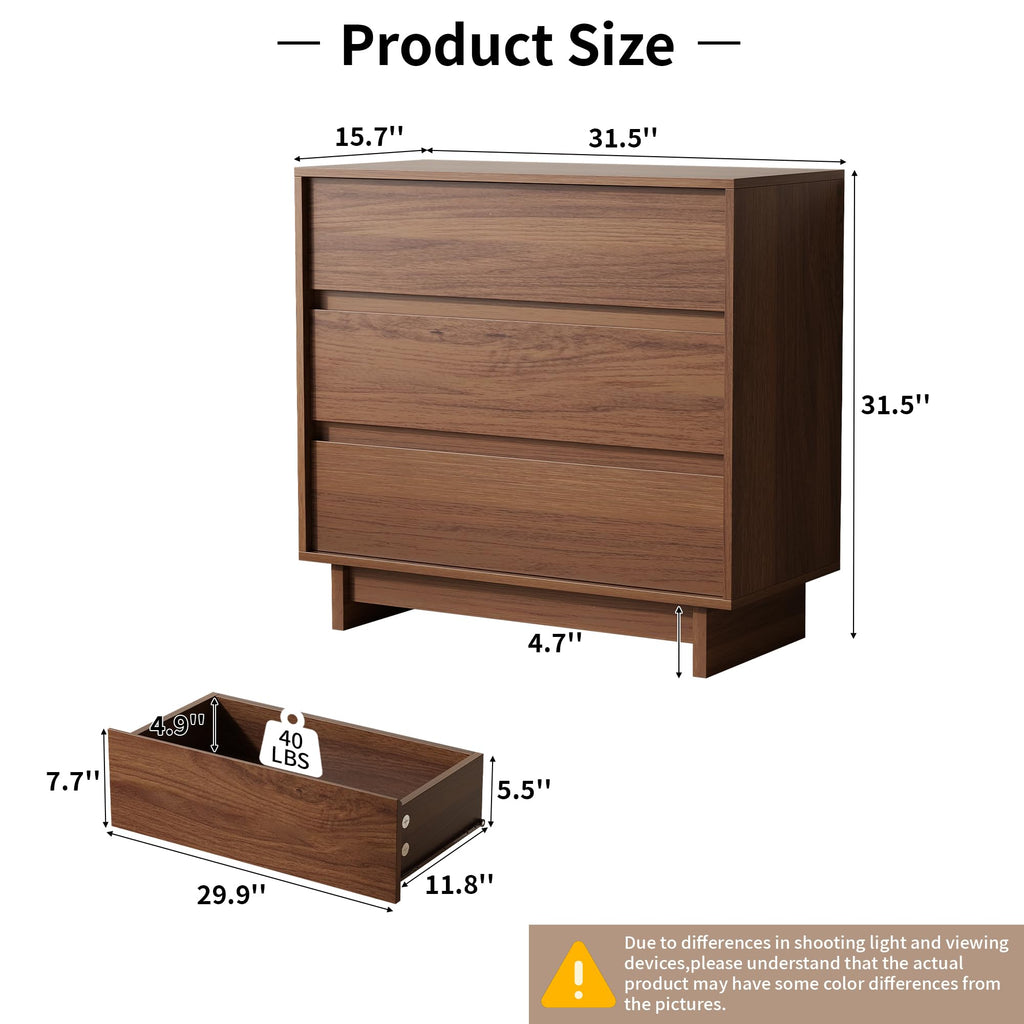 3 Drawer Walnut Dresser, 31.5" Wide Mid Century Modern Dresser