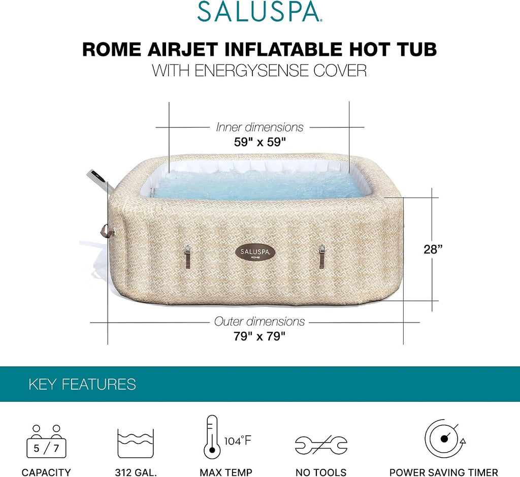 SaluSpa Rome 5 to 7 Person Inflatable Hot Tub, Square Energy-Efficient Portable Outdoor Spa with 180 AirJets, 79" x