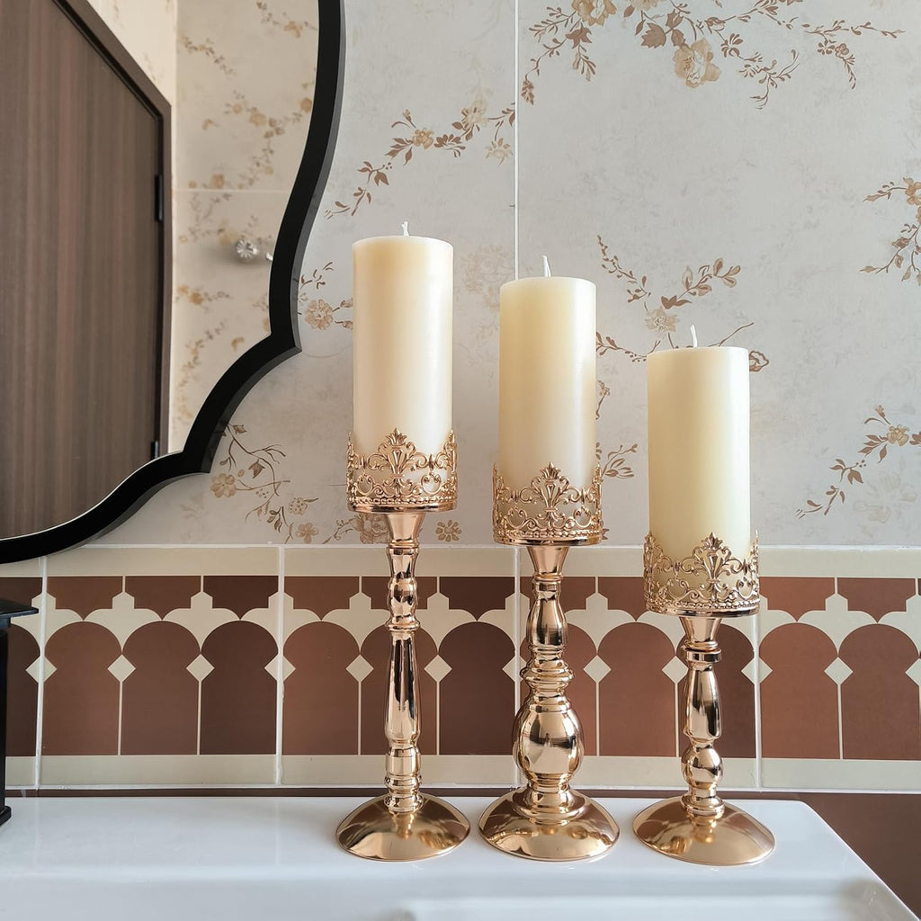 Candle Holders for Pillar Candles Set of 3 Gold Vintage Tall Candle Holders Decorative Large Table Centerpieces