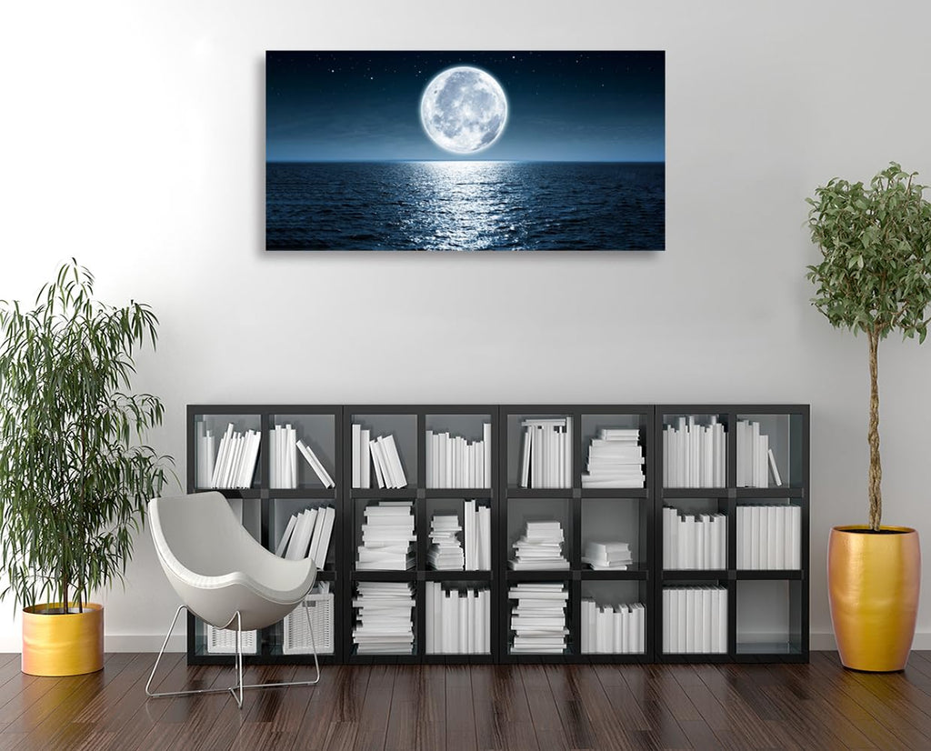 Wall Art Canvas Print Moon Sea Ocean Landscape 1 Panels Full moon Picture Painting Framed and Stretched Ready to Hang
