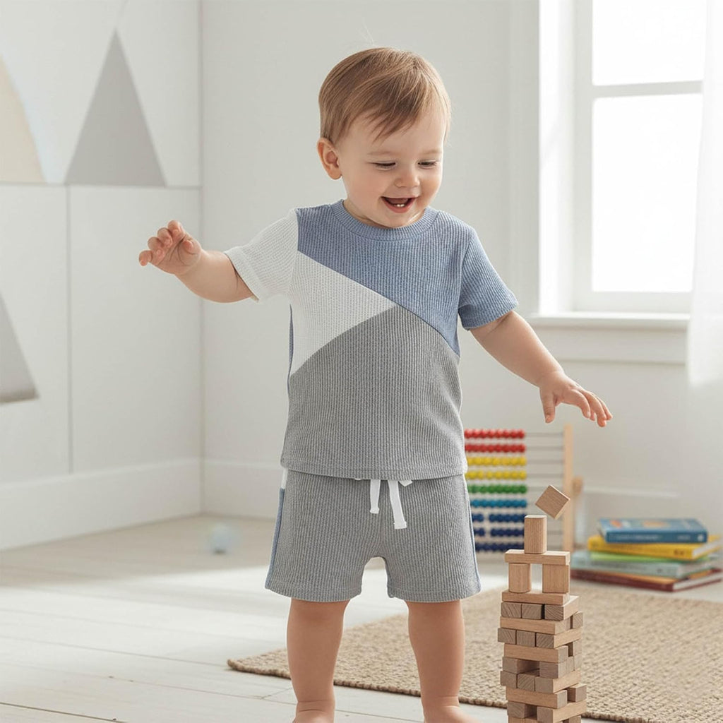 Toddler Baby Boy Summer Clothes Waffle Contrast Short Sleeve T-shirt Tops with Elastic Waist Shorts Sets Outfits