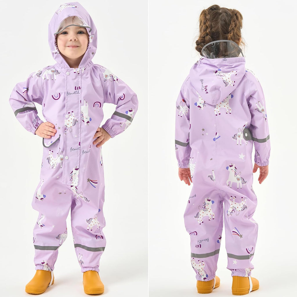 Kids Rain Suit Toddler Girls Raincoats One Piece Hoodie Cartoon Rain Gear Coverall Waterproof Rainwear