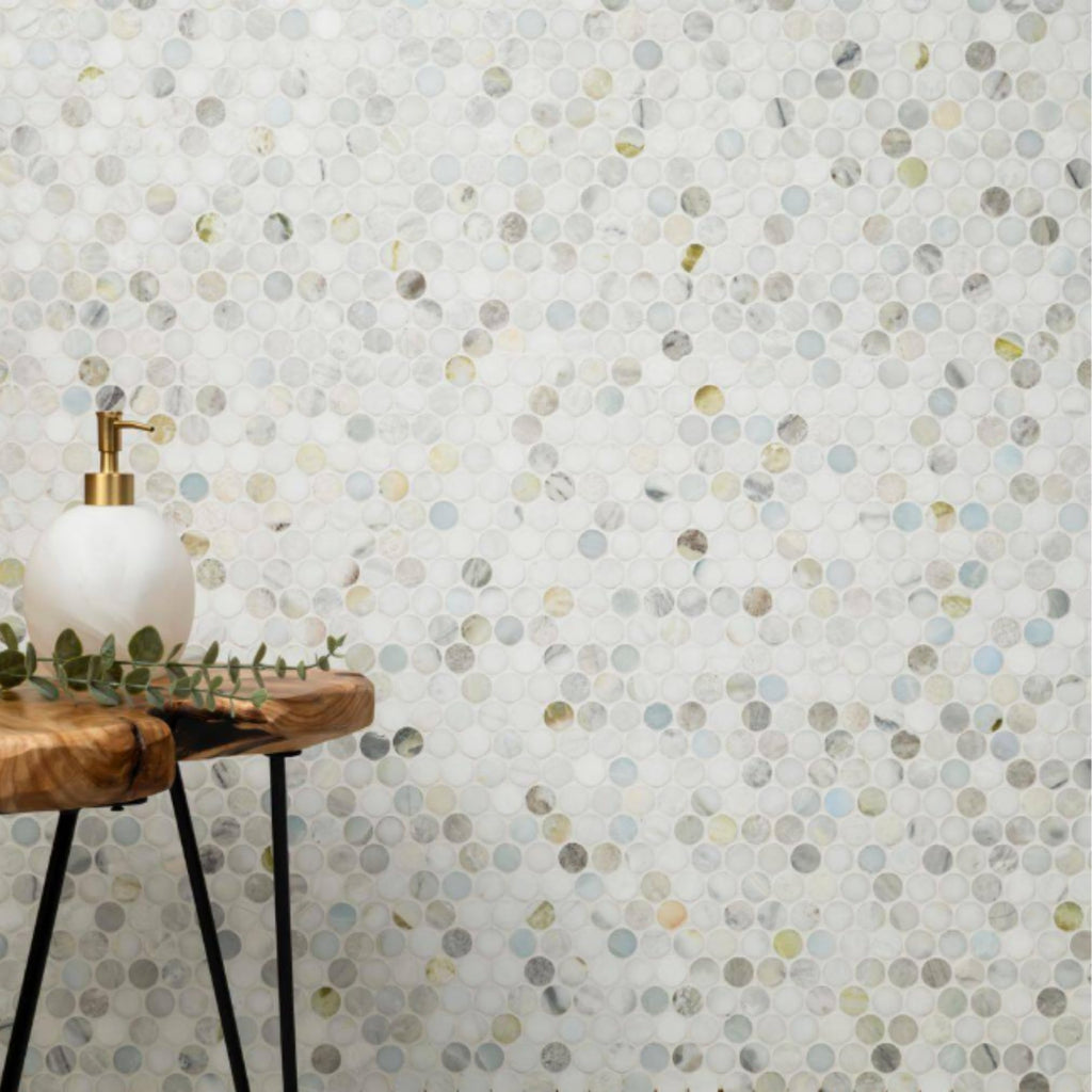 Aurora Pearl Round Marble Mosaic Tile - Polished Natural Stone Sheet Backsplash, and Shower Accent (1 Sheet)