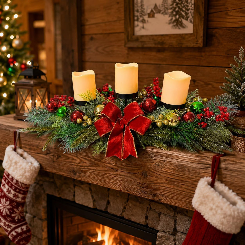 26 Inch Christmas 3 Candle Centerpiece with Red Bow and Ornaments