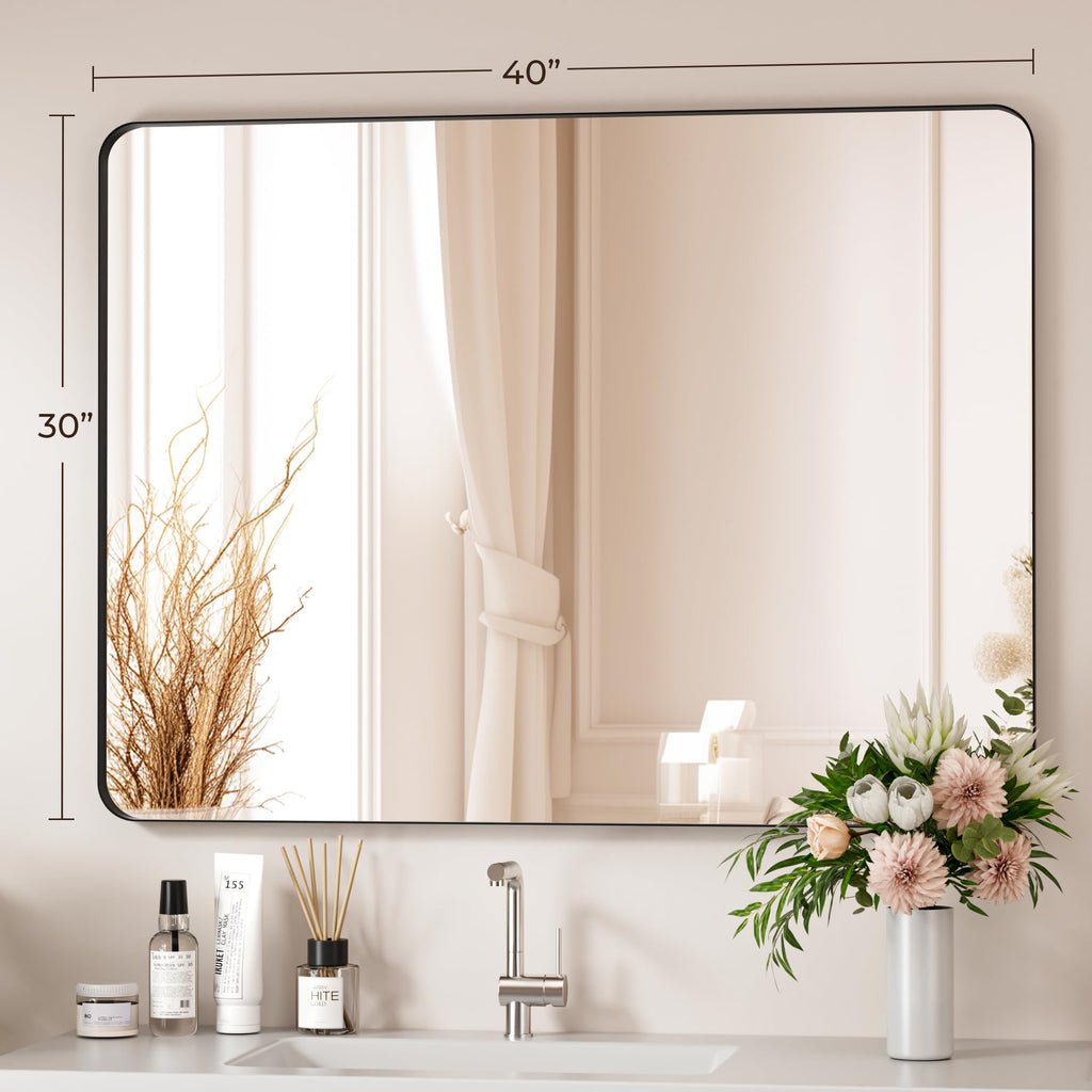 Bathroom Mirror 40X30 Inch Bathroom Vanity Mirror for Wall, Metal Frame Large Mirror, Tempered Glass, Modern Wall