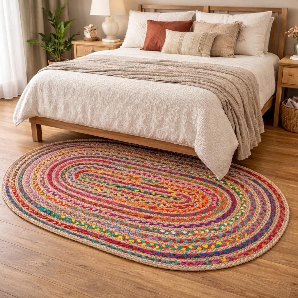 Oval Jute Cotton Chindi Rug 3x5 FT Multicolor Braided Floor Mat