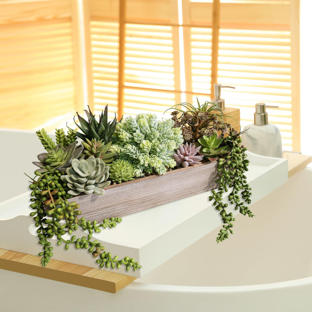 15" Artificial Succulents Plants Arrangement Fake Succulent Plants in Whitewashed Rectangular Wooden Planter Box Faux