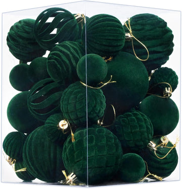 Velvet Ornaments Dark Green Flocked Christmas Ornaments Shatterproof Hanging Ball Set for Xmas Winter Holiday - Set of 38