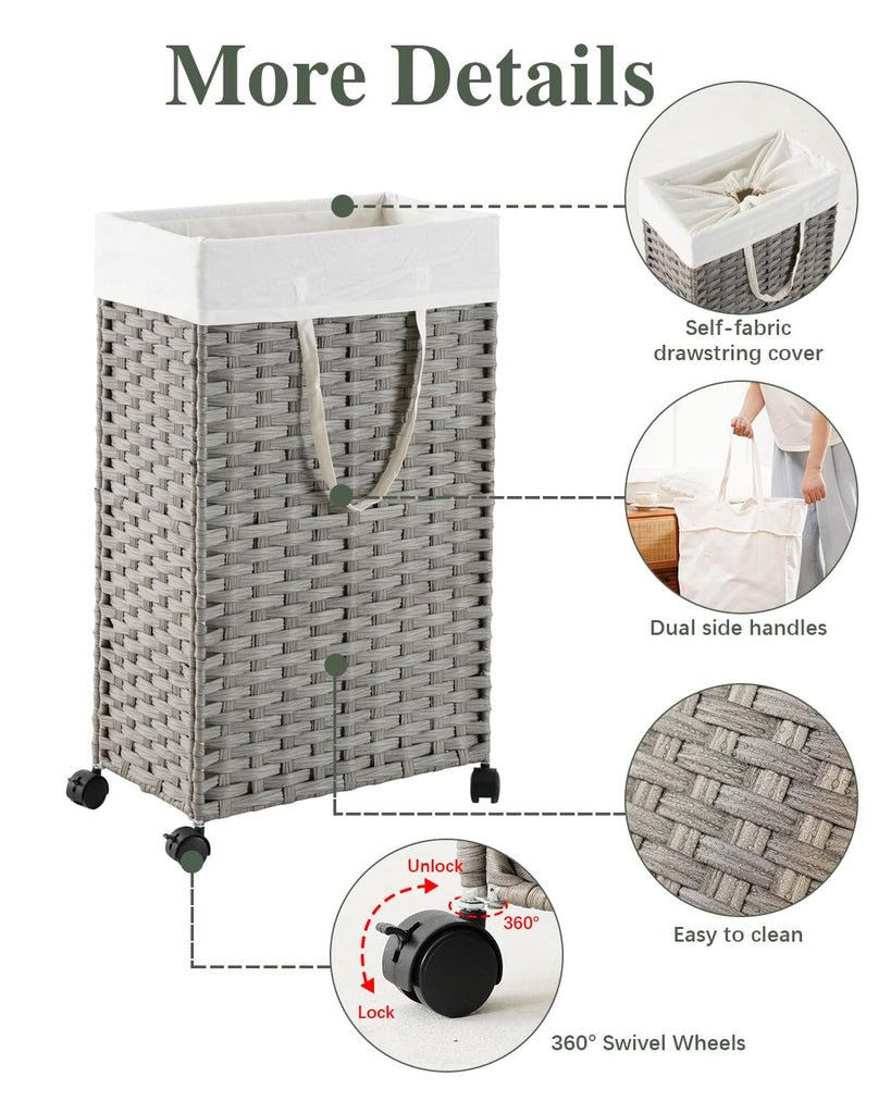 Slim Laundry Hamper 75L rolling laundry basket with Wheels Grey