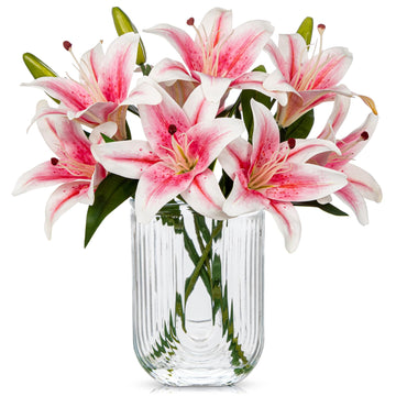 Pink Artifical Lily Flowers Easter Lily Artificial flowers Fake Flower in Vase with Faux Water Stargazer Lilies