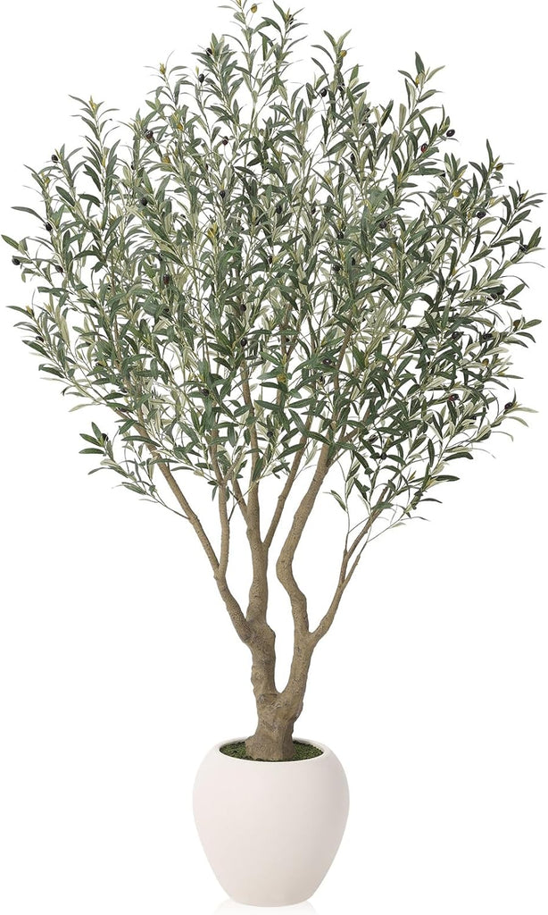 Artificial Olive Tree 7FT Faux Plant Home Decor - Large White Pot with Lifelike Silk Leaves, UV Resistant & No
