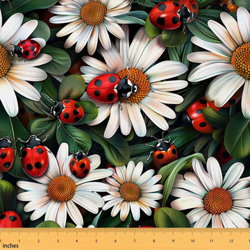 Daisy Flower Fabric for Decoration, Cute Ladybug Animal Sewing Fabrics for Room Decor Soft Polyester No