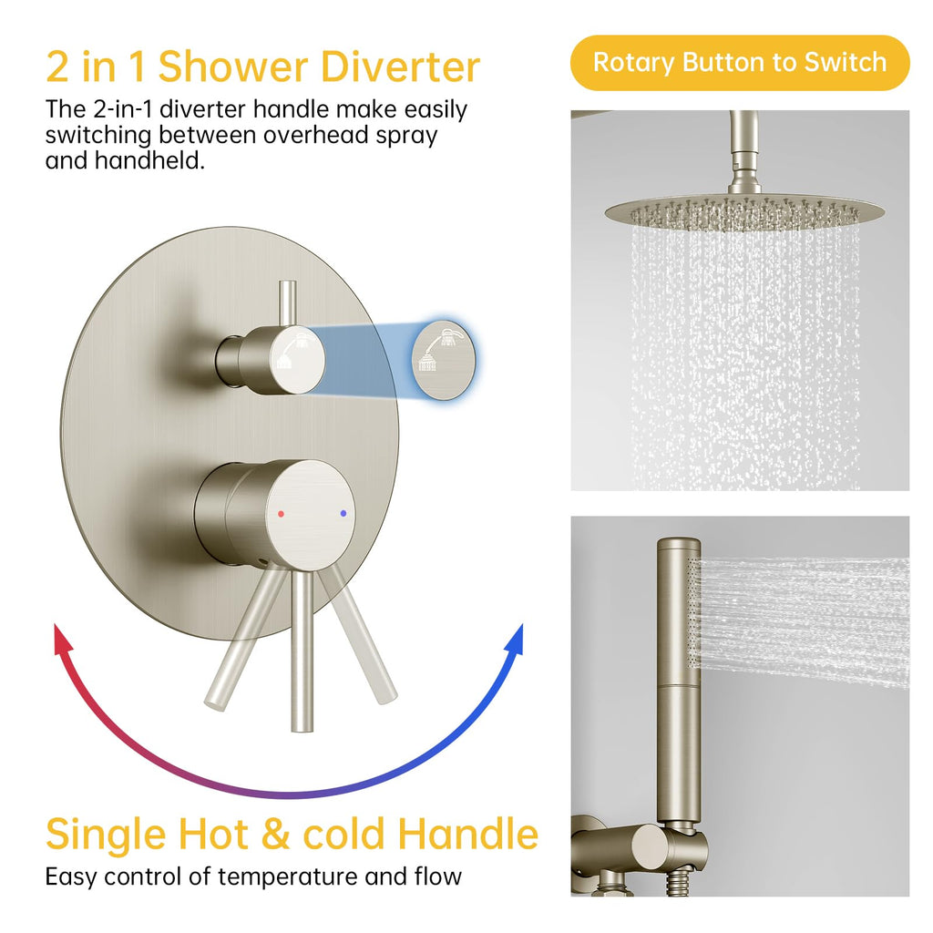 Shower System with 10 Inch Round Rain Shower Head and Handheld Wall Mounted, High Pressure Rainfall Shower Faucet