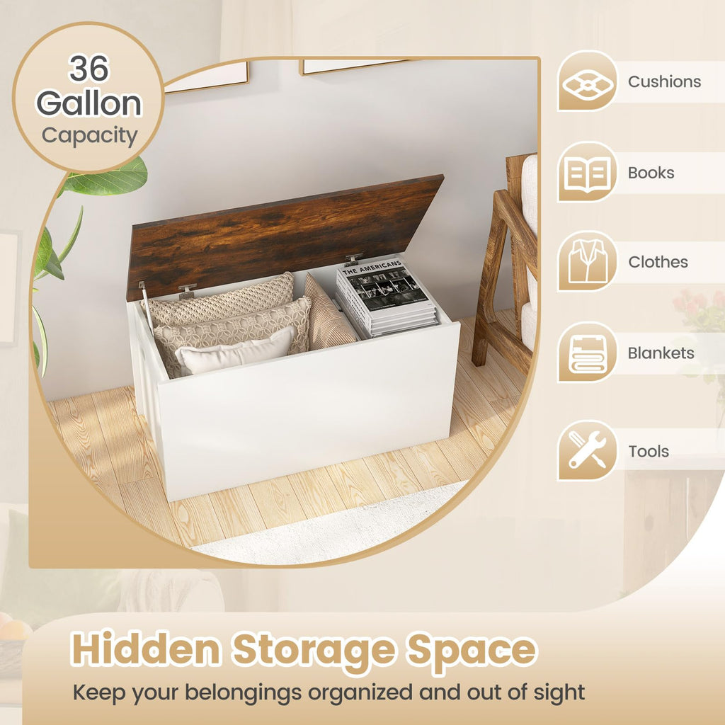 Flip-top Storage Chest, Lift Top Storage Bench w/Gas Strut, Safety Hinges, 35.5"Deck Box for Tools, Shoes, Sports