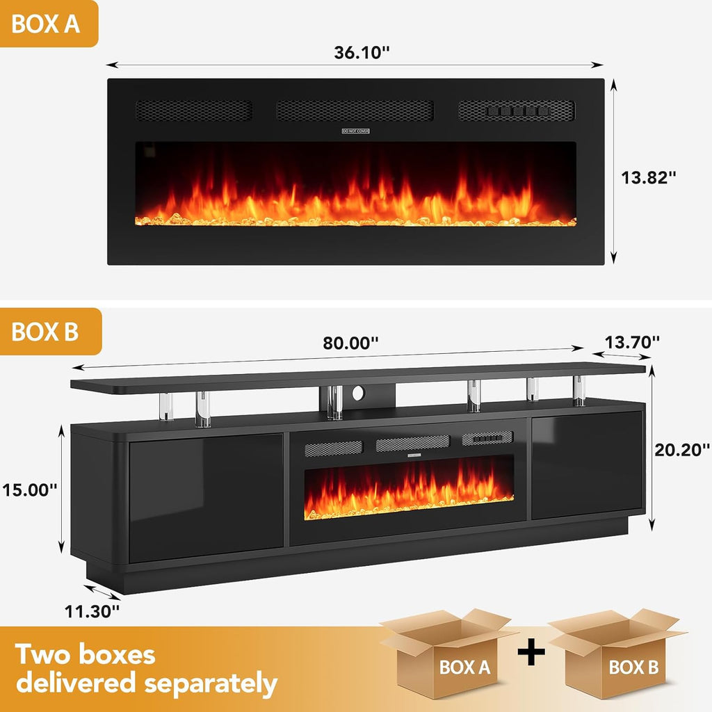 80" Fireplace TV Stand for Living Room, 36" Electric Fireplace with Adjustable Flames & Double LED Lights, Remote