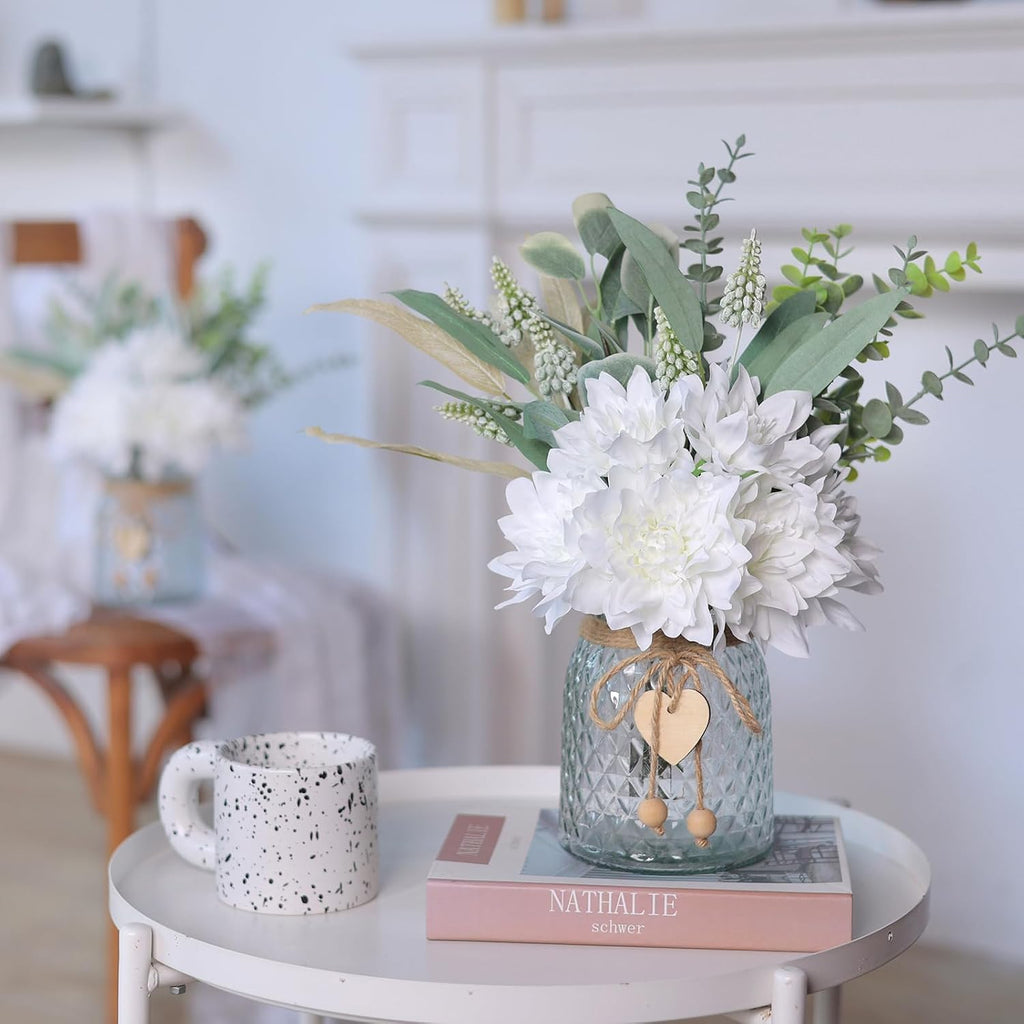 14.5" Artificial Dahlia Flowers with Vase Decor (White)
