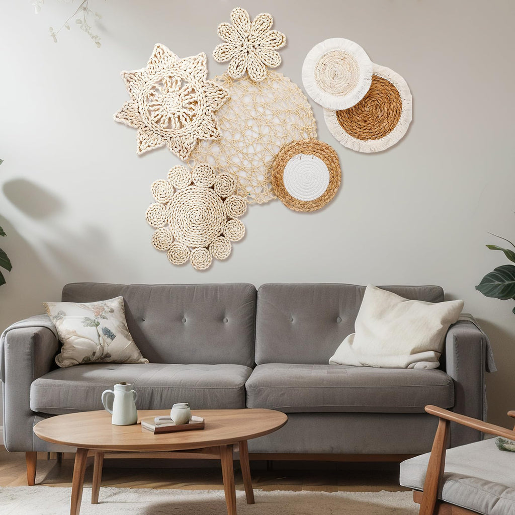 7 Pcs Boho Wall Baskets Decor Hanging Rustic Rattan Wicker Wall Art