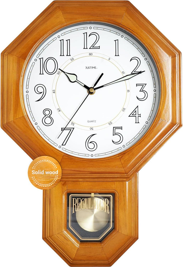 Traditional Luminous Schoolhouse Solid Wood Pendulum Wall Clock Chimes Hourly with Westminster Melody Chime Made in Taiwan (Natural Wood...