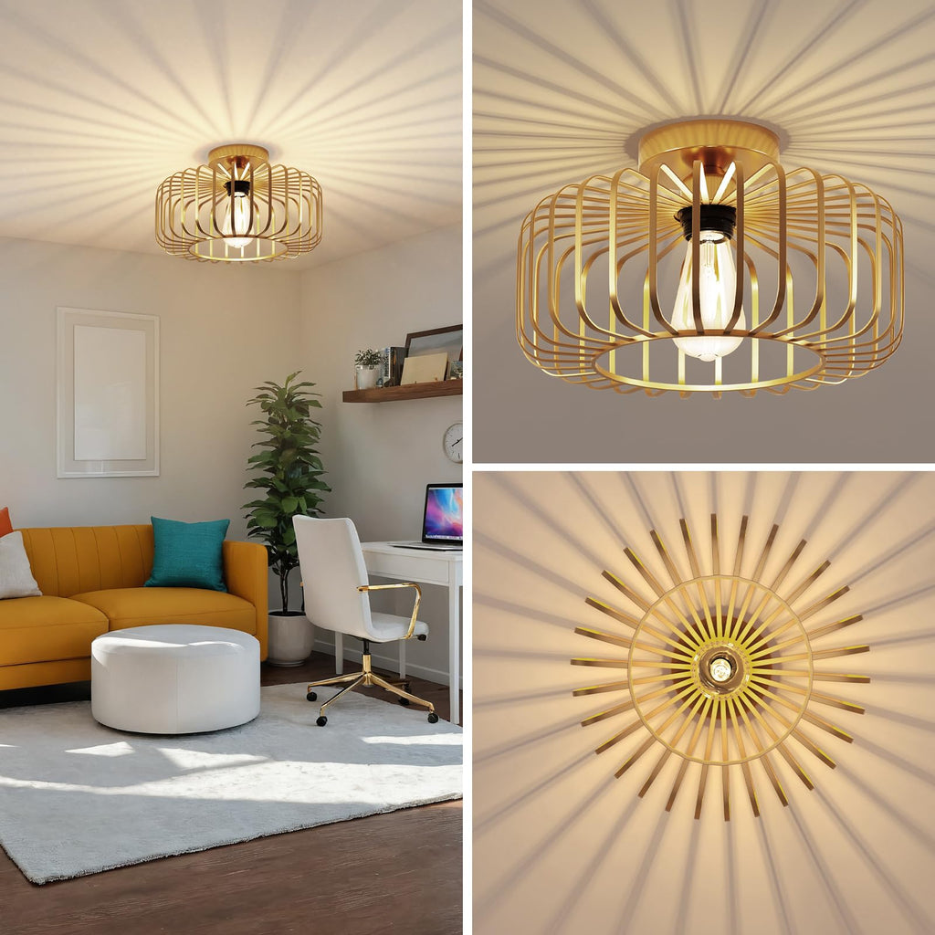 Gold Ceiling Light - 11.2 Lighting Fixtures, Industrial Semi Flush Mount Light Fixture, Sunburst Farmhouse Lighting