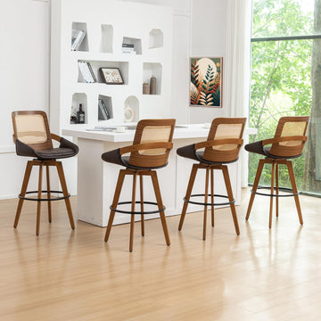 Mid Century Modern Bar Stools - 30 inch Swivel Rattan bar stools with Cane Back, Upholstered Faux Leather, Walnut