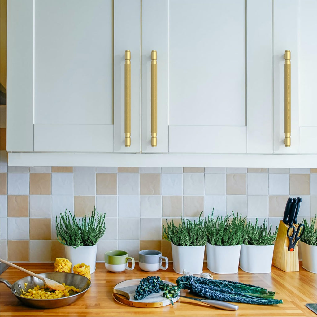 10 Pack 7.5 Inch(192mm) Brushed Gold Cabinet Pulls Knurled Kitchen Cabinet Handles, Cabinet Pulls Kitchen Cabinet