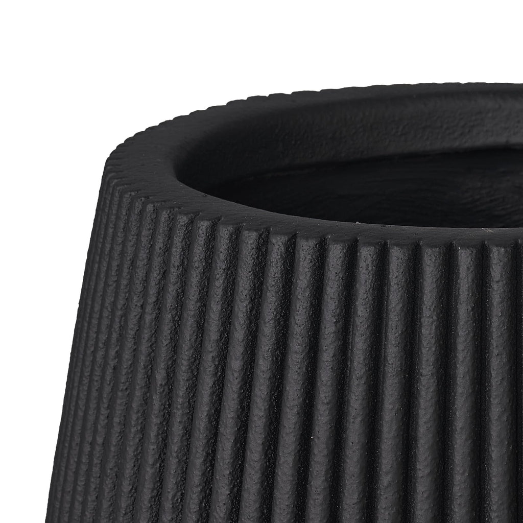 16" Pear-Shaped Fluted Outdoor Planter, Black, Modern Round Plant Pot