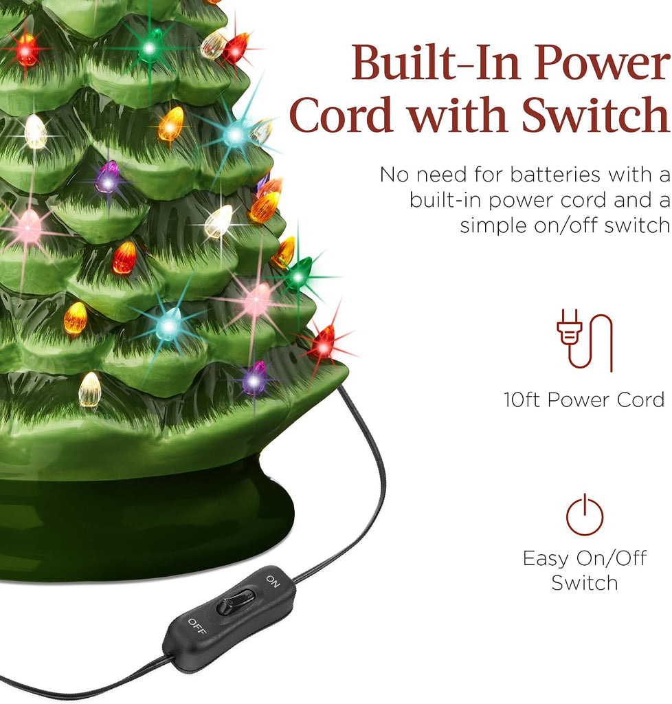 18in Large Ceramic Christmas Tree, Pre-lit Hand-Painted Tabletop Holiday Decoration w/Power Cord, 2 Star, 93