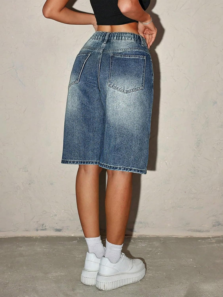 Girls Jean Shorts Baggy Wide Leg Cute Y2K Retro Washed Denim Shorts for Teen Girl Trendy Distressed Streetwear