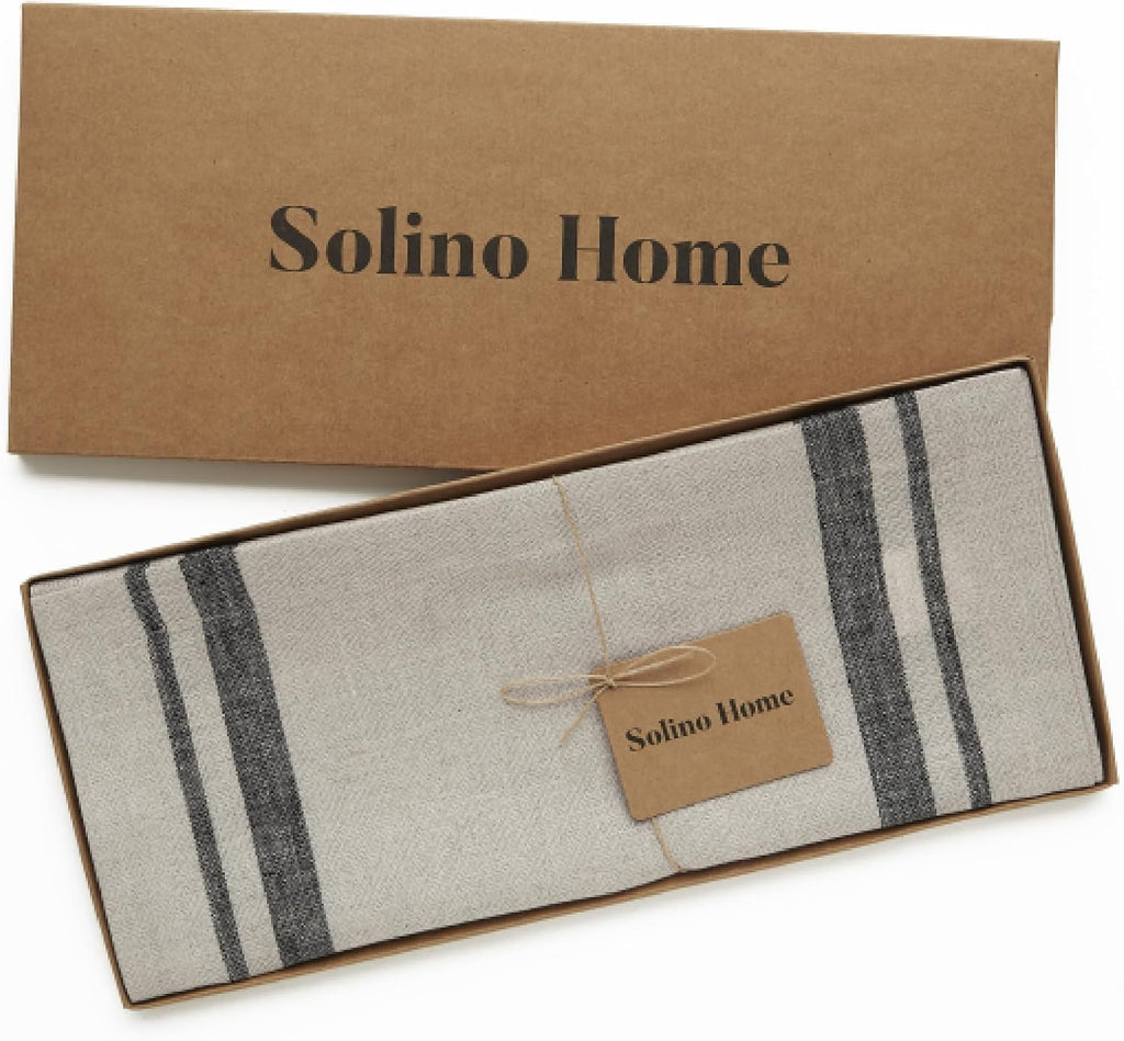 100% Pure Linen Table Runner, 14 x 108 in, Black, French Stripe | Table Runners for dining, hallway and console