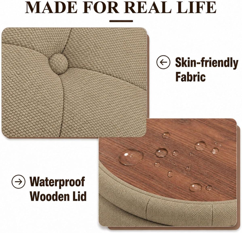 25" Round Ottoman with Storage, Small Coffee Table with Reversible Tray Lid | Tufted Fabric Round Storage Ottoman