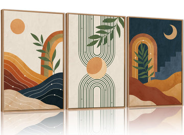 Mid Century Modern Wall Art Set of 3, Vintage Boho Framed Canvas Wall Decor, Minimalist Geometric Sun Moon Line Wall