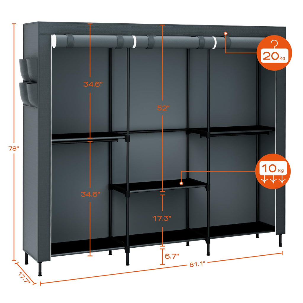 Clothes Rack, Portable Closet, 81.5 Inch Large Capacity Wardrobe Closet, Clothes Storage Organizer with Shelves and 5